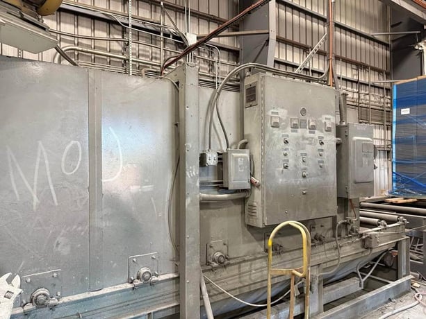 L S Industries, structural roll conveyor blast machine, (4) 15 HP wheels, dust collection system, 1999 - Image 7