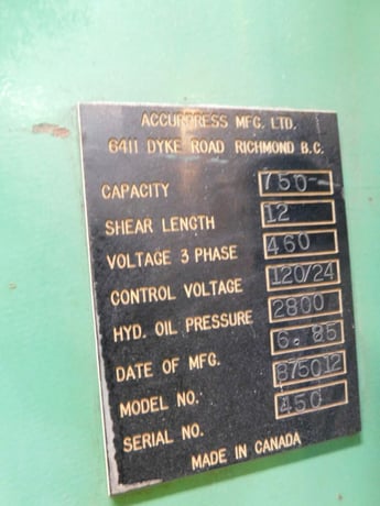 Accurshear #875012, shear, power back gauge, blade gap adjustment, 1985 - Image 3