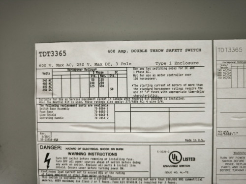 400 Amp. General Electric #TDT3365, Double Throw Safety Switch, 600 VAC, 250 VDC - Image 7