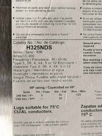 400 Amp. Square D, H325NDS, Fusible Disconnect Switch, 3 Pole, 240 Volts, Stainless Steel 3R, unused - Image 5