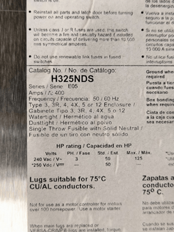 400 Amp. Square D, H325NDS, Fusible Disconnect Switch, 3 Pole, 240 Volts, Stainless Steel 3R, unused - Image 6