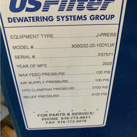 31" U.S. Filter #800G32-20-10DYLW, Plate/Frame Filter Press, (21) Plates, 135 sq.ft. Surface Area, 100 psi - Image 9