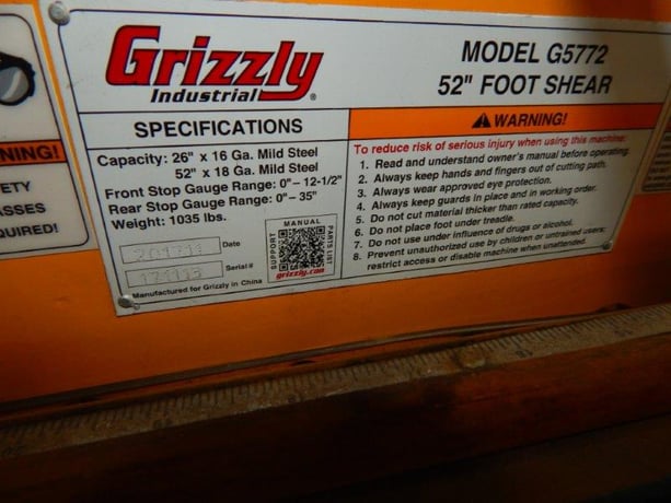 18 gauge x 52" Grizzly #G5772, Foot Shear, 0"-12.5" Front & 0"-35" Rear Step Gauge Range, 2017 - Image 5