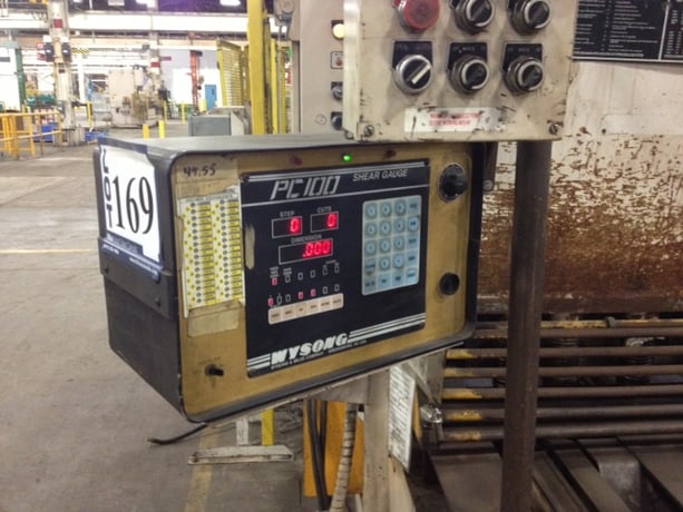 1/2" x 12' Wysong #H5012, hydraulic, powered feed table, PC1000 digital front operated back gauge, 1995, #6615 - Image 4