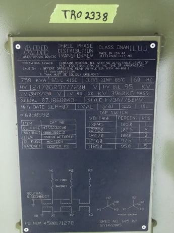 750 KVA 12470Y/7200 Primary, 208Y/120 Secondary, taps 2-2.5a+bn (4 available) - Image 1
