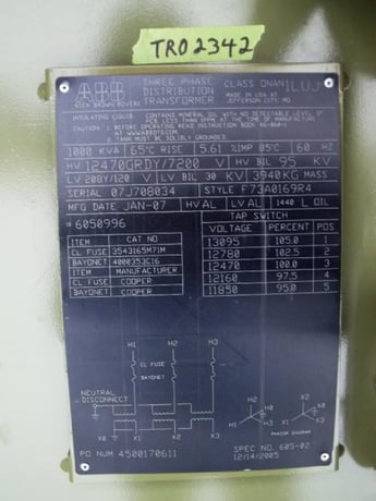 1000 KVA 12470Y/7200 Primary, 208Y/120 Secondary, taps 2-2.5a+bn (2 available) - Image 1