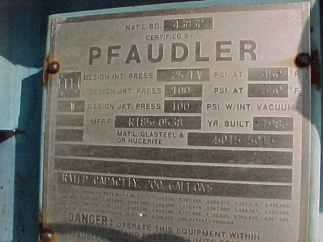 200 gallon Pfaudler #EL-Series, Glass Lined Reactor, 5015 Glass, 36" diameter x 42" straight side, 25 psi/FV - Image 5
