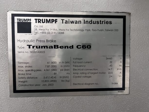 61 Ton, Trumpf #TrumaBend-CO6, hydraulic press brake, 7.87"stroke, 2003 - Image 6