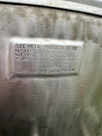 400 gallon Lee, Inc., Stainless Steel Kettle, 60" diameter x 22" Straight Side, 30" Half-Sphere, 40 psi @ - Image 4