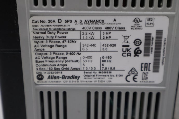 New 2022 Allen-Bradley bradley 20ad5p0a0aynanc0 powerflex 70 480 vac drive stock h121 - Image 2