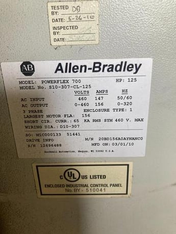 ELECTRICAL ENCLOSURE WITH 20BD156A0AYNANC0 Allen-Bradley Bradley 125HP Powerflex 700 - Image 3