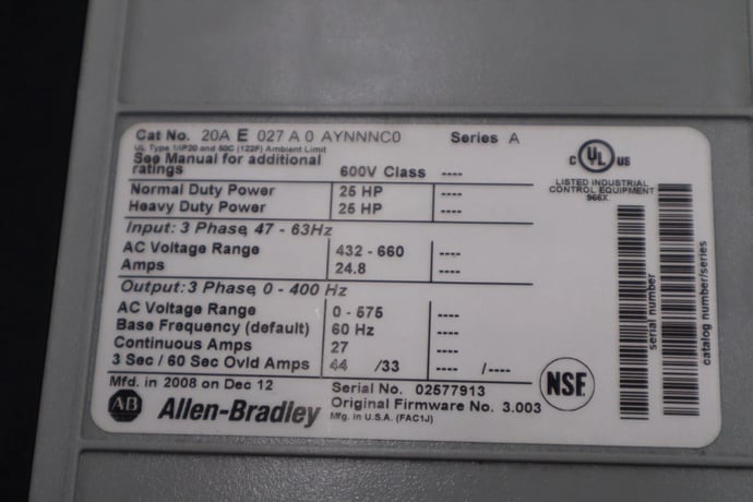 25 HP Allen-Bradley 20AE027A0AYNNNC0 Series A Drive 25HP 3Ph 0-600V STOCK 1803B - Image 2