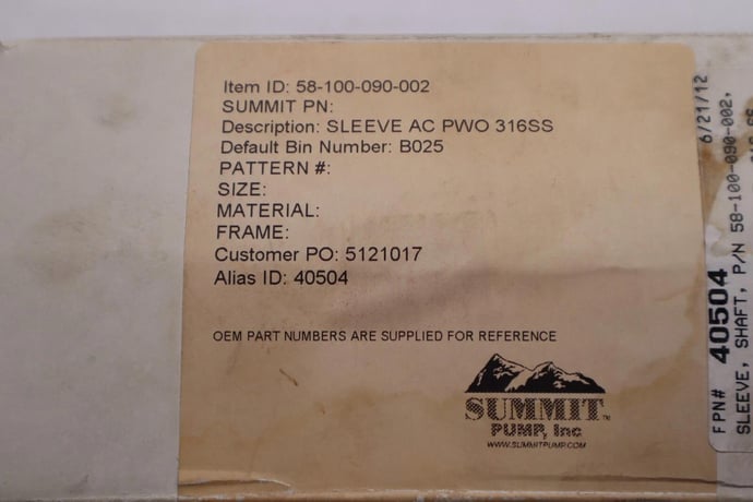 Sleeve shaft summit sleeve ac pwo 316ss pn: 50-100-090-002 new stock 1942 - Image 1