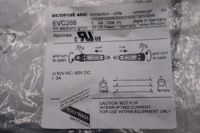 EVC268 Ifm Electronic Patchcord Straight Female To Male M8 2 Meters STOCK K-3901 - Image 1