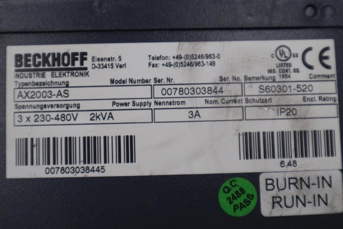 Beckhoff #AX2003-AS S60301-520 Digital Compact Servo Drive Amplifier STK K-407-D - Image 4