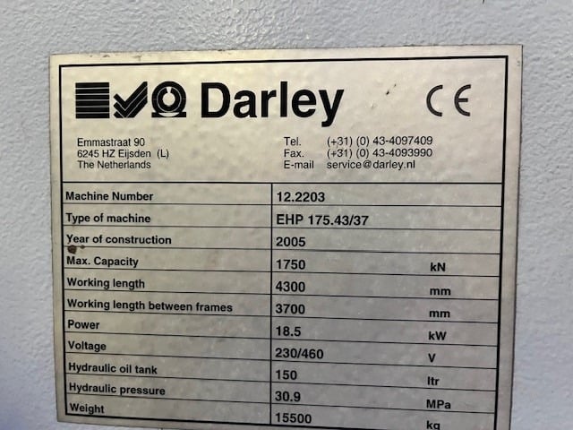 175 Ton, Darley #EHP175.43/37, press brake, 2005 - Image 6