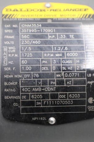 New Baldor IDNM3534 Inverter Duty AC Motor .33HP 1725RPM 3PH 60Hz STOCK H1573 - Image 2