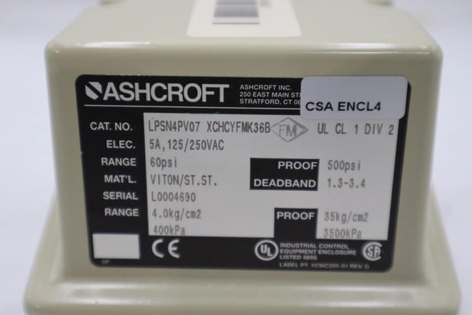 ASHCROFT LPSN4PV07 XCHCYFMK36B Pressure Switch 15psi 5A STOCK H1149 - Image 1