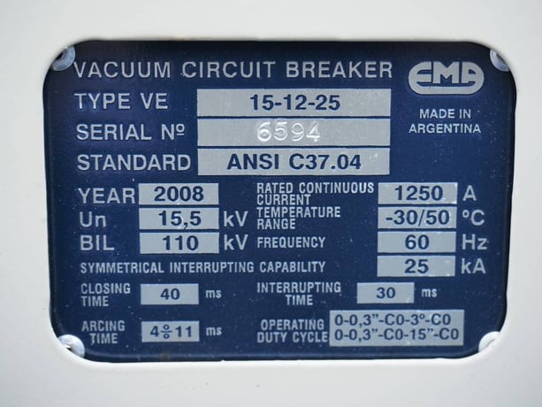 1250 Amp, EMA, No. VDH-15kV, 15500 Volts, Vacuum, 25kA Short, Unused - Image 2
