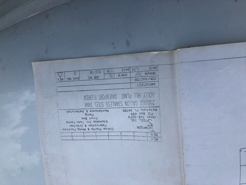 250000 gallon Storage Tank, Food Grade Stainless Steel, w/ internal catwalks & platforms, 1994 (4 available) - Image 6