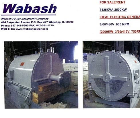 2500 KW, 900 RPM, Ideal, SAB, Frame 21320, 2 bearing, 0.8 S.F.,480 Volts, 1250 hours, Frame BE-14-5 rated KW - Image 1