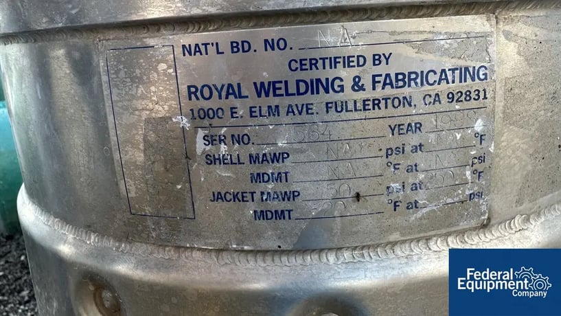 15 gallon Royal Welding, Kettle, Stainless Steel, 50 psi @ 250&deg;F jacket, flat top, dish bottom, legs, 1998 - Image 2