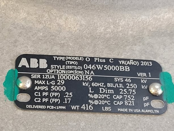 46 KV, ABB, 046W5000BB, 5000 amp transformer bushing type O Plus C, 250 BIL/LIL, 2013 - Image 2