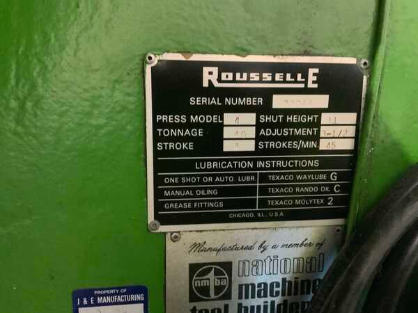 40 Ton, Rousselle #4, OBI back geared press, 4" stroke, 11" Shut Height, air clutch & brake, 45 SPM, 5 HP - Image 8