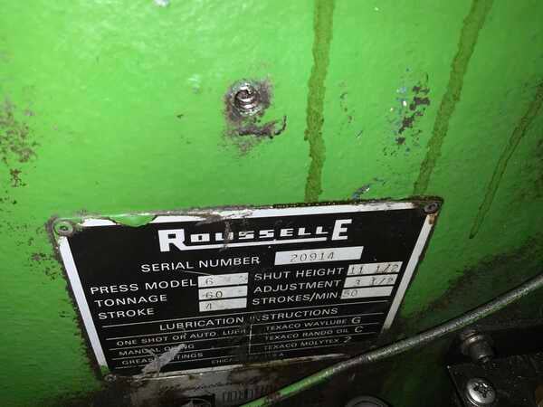 60 Ton, Rousselle #6, OBI back geared press, 4" stroke, 11-1/2" Shut Height, air clutch & brake, 50 SPM - Image 9