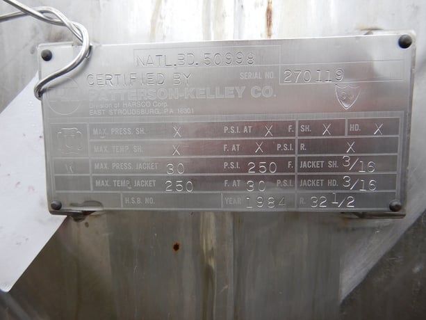 20 cu.ft. Patterson, Stainless Steel Jacketed V-Blender, 30 psi @ 250°F Jacket, On Stainless Steel Bar, 1984 - Image 6