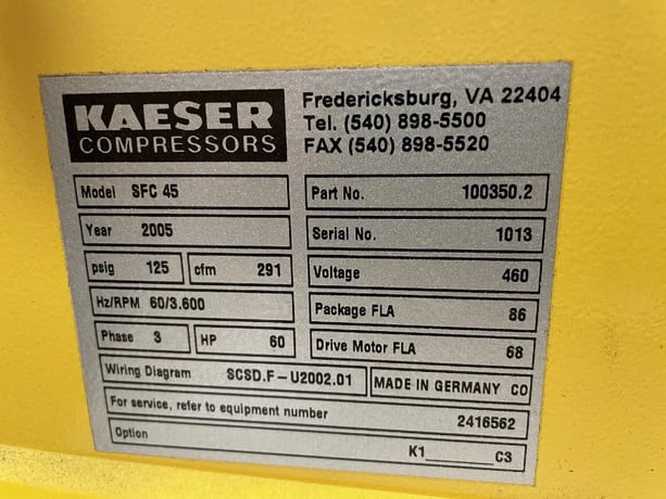 125 psig, Kaeser #SFC45 125, rotary screw air compressor, 60 HP, 2005 - Image 8
