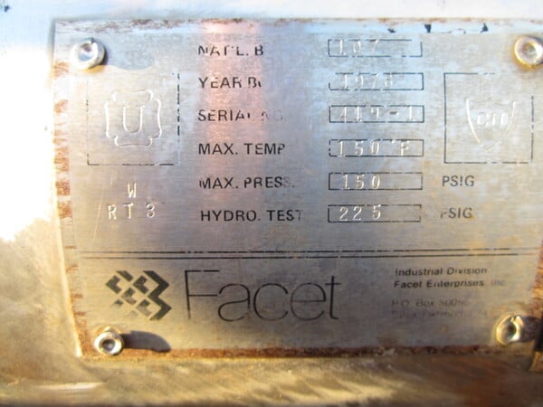 Facet, Coalescer, 10" diameter x 66" L Horizontal Chamber, On 40" H Stand, 150 psi @ 150°F, 1976 - Image 5