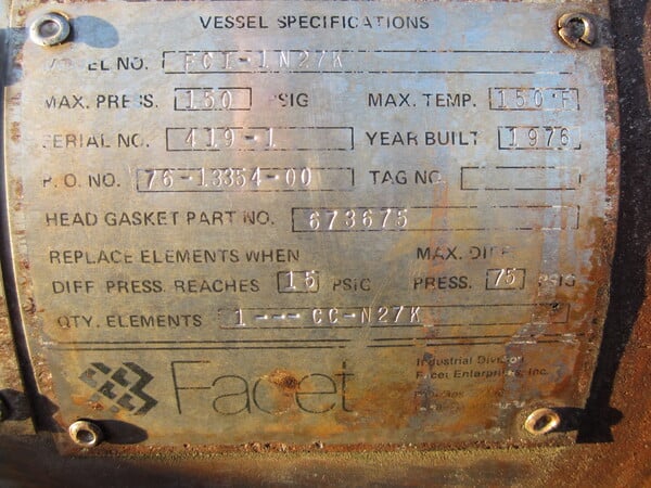 Facet, Coalescer, 10" diameter x 66" L Horizontal Chamber, On 40" H Stand, 150 psi @ 150°F, 1976 - Image 6