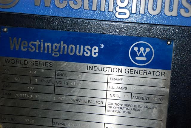 954 KW, 726 RPM, Westinghouse induction generator 4160 Volts - Image 3