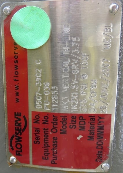 Flowserve #MK3, Vertical In-Line Pump, 2" x 1.5", 275 psi @ 100°F, 5 HP, 2007 - Image 4