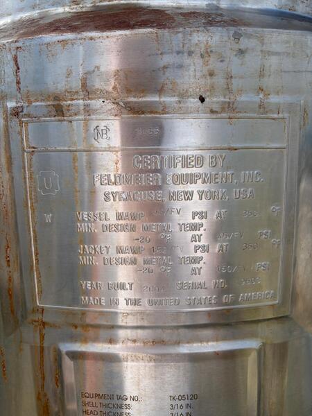 37.5 gallon Feldmeier, Stainless Steel Reactor, 20" diameter x 40" Straight Side, 45/FV Internal, 150/FV @ - Image 8
