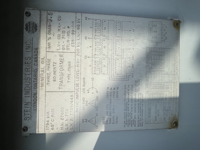 1794 KVA 27600 Primary, 770Y/445 Secondary, Stein transformer, 2001 - Image 10