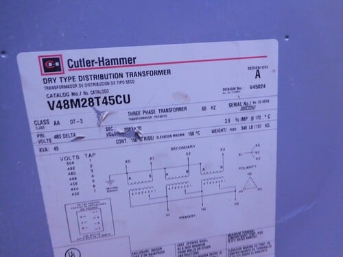 45 KVA 480 Delta Primary, 208Y/120 Secondary, Cutler-Hammer V48M28T45CU, dry type transformer, class AA - Image 10