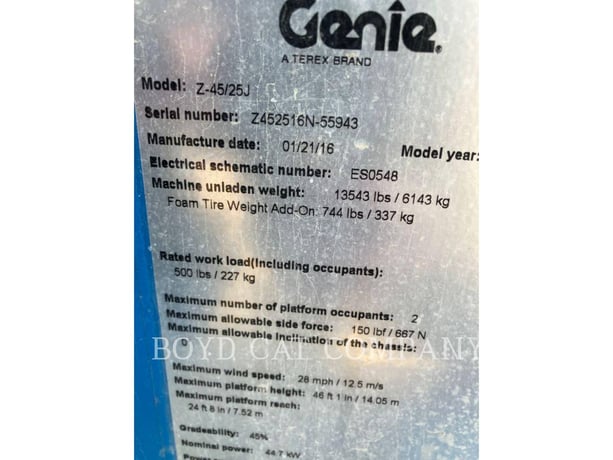 Genie Industries Z45/25J G84, Articulated Boom Lift, 1521 hours, S/N: Z452516N-55943, 2016 - Image 6