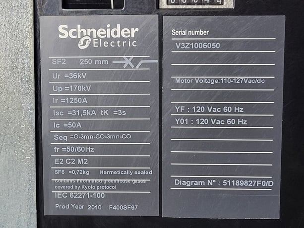 1250 Amps, Schneider Electric, SF2 250mm, circiut breaker, 36 KV, 170 KV, 31.5 KA, new surplus, 2010 - Image 2