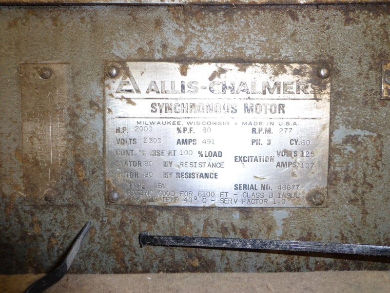 2000 HP 277 RPM Allis-Chalmers, 491 amps, 80% P.F., 125 Volts exc., 2300 Volts - Image 6