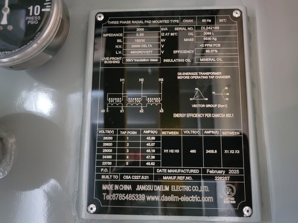 2000 KVA 25000 Primary, 480/277 Secondary, Daelim, pad mount, oil filled transformer, new, 2024 - Image 2