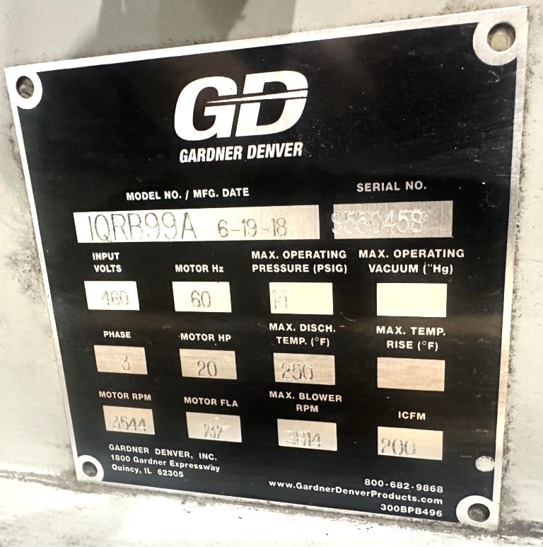 200 icfm, 14 psig, Gardner Denver #IQ-RB, blower package IQRB99A & RBS35LHBD, 20 HP - Image 3