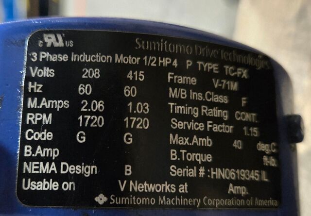 SUMITOM HP RPM TCFXHP 1P4 3Phase Induction Motor USED - Image 7