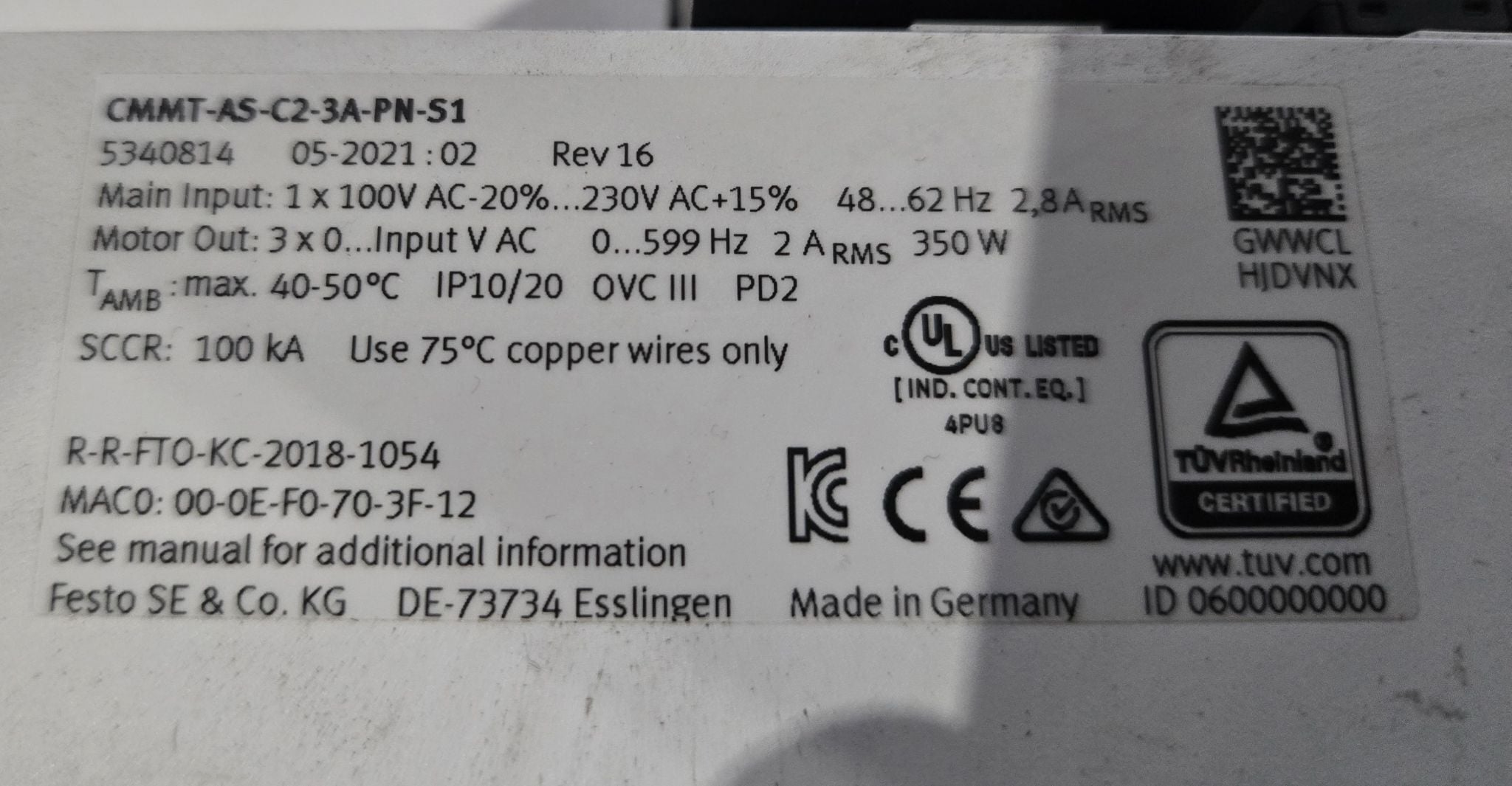 Festo #CMMT-AS-C2-3A-PN-S1 compact servo drive profinet 3a used - Image 5