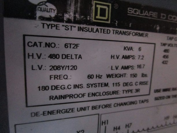 6 KVA 480 Delta Primary, 208Y/120 Secondary, Square D 6T2F, transformer, 7.2-16.7A, 3R, type STCLAS - Image 2