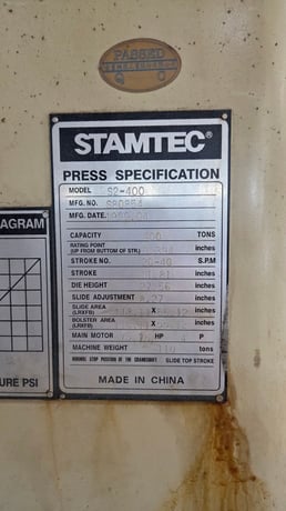 440 Ton, Stamtec #S2-400, straight side double crank press, 11.8" stroke, 27.5" Shut Height, air clutch & - Image 9