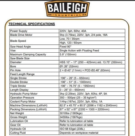 Baileigh #CS-475-AV, Auto Circular Saw, 14" blade, 5 HP, 70/35 & 120/60 RPM, toolkit, 2016 - Image 10