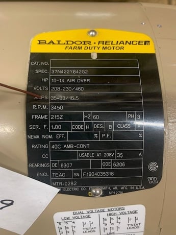 10 -14 HP 3450 RPM Baldor, Frame 215Z, TEAO, 208/230-460 Volts - Image 3