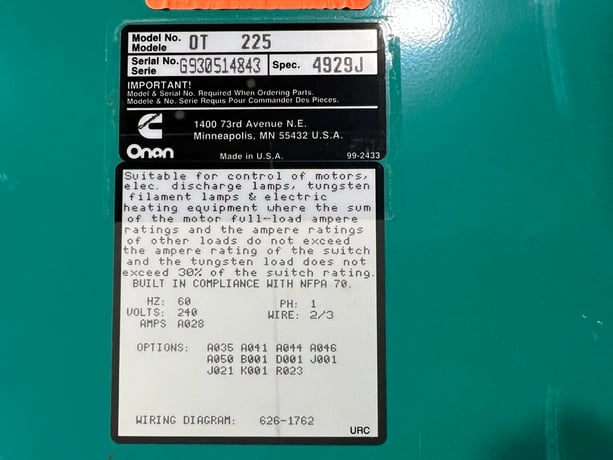 Cummins, Onan #OT225, automatic transfer switch, 240 Volts, 1 phase, Nema 1, 1993 - Image 6